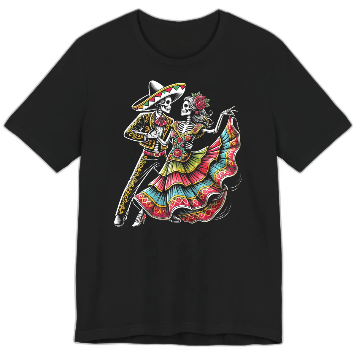 Calavera Couple Dancing Mariachi Fiesta Premium T-Shirt in Black
