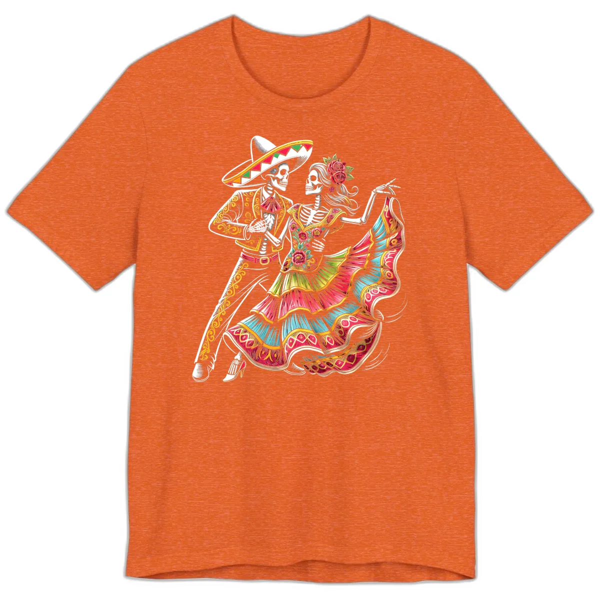 Calavera Couple Dancing Mariachi Fiesta Premium T-Shirt in Heather Orange