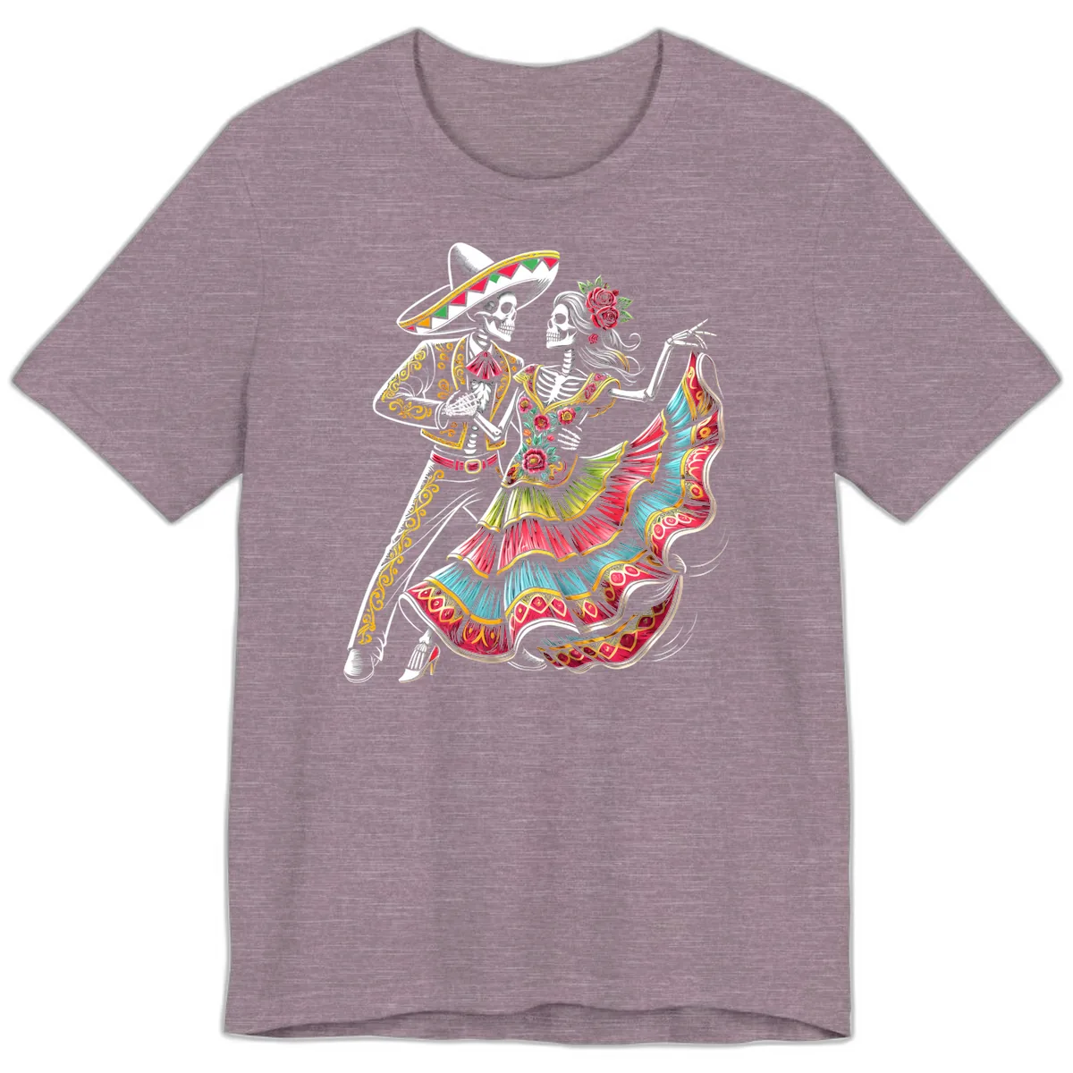 Calavera Couple Dancing Mariachi Fiesta Premium T-Shirt in Heather Purple