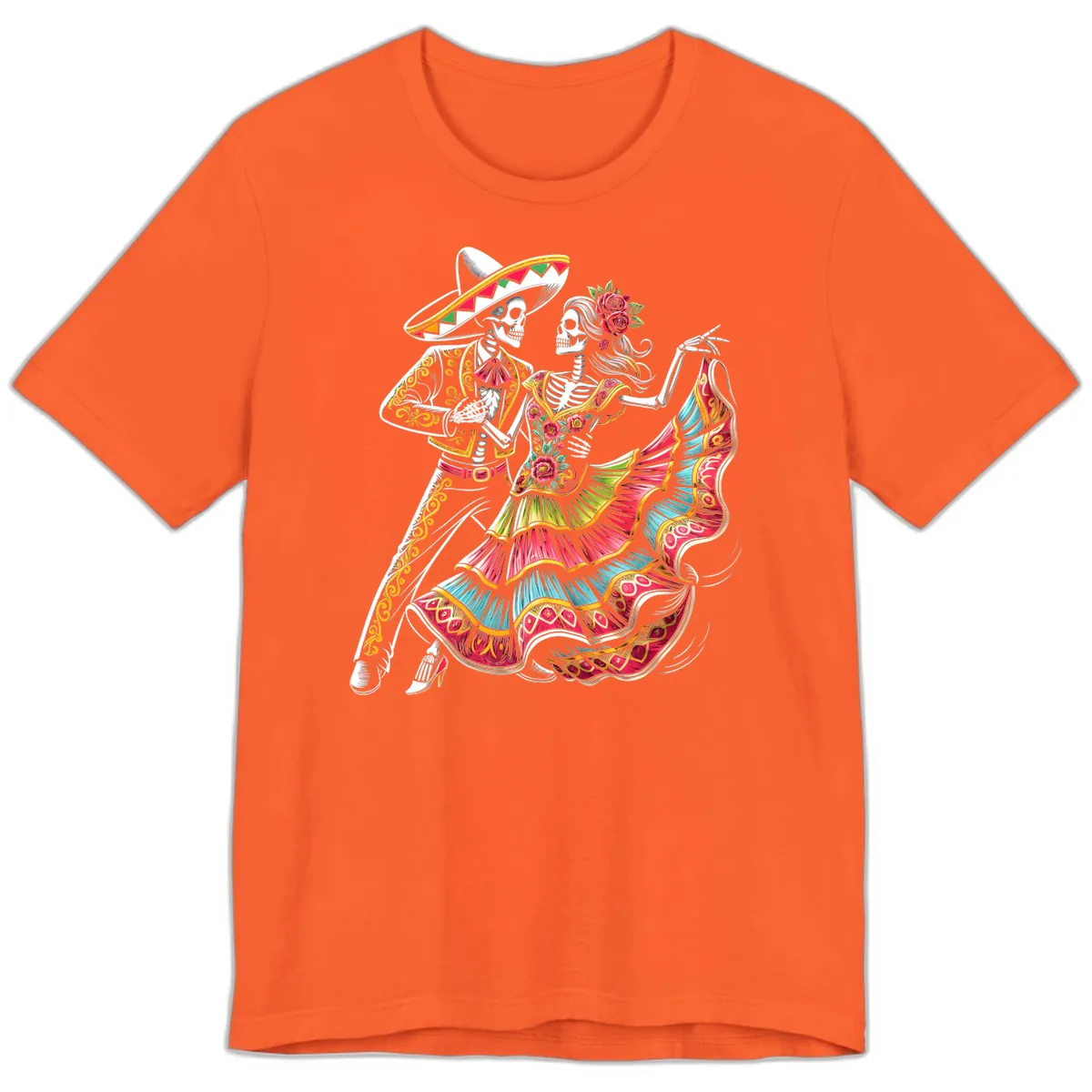 Calavera Couple Dancing Mariachi Fiesta Premium T-Shirt in Orange