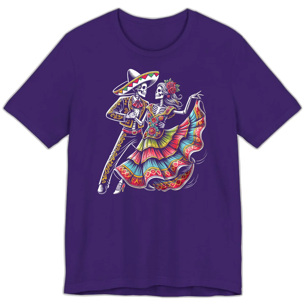 Calavera Couple Dancing Mariachi Fiesta Premium T-Shirt in Team Purple