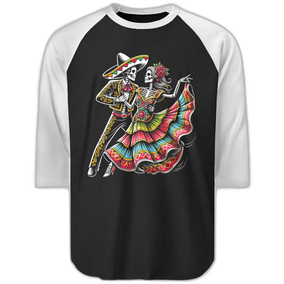 Calavera Couple Dancing Mariachi Fiesta Raglan 3/4 in Black White