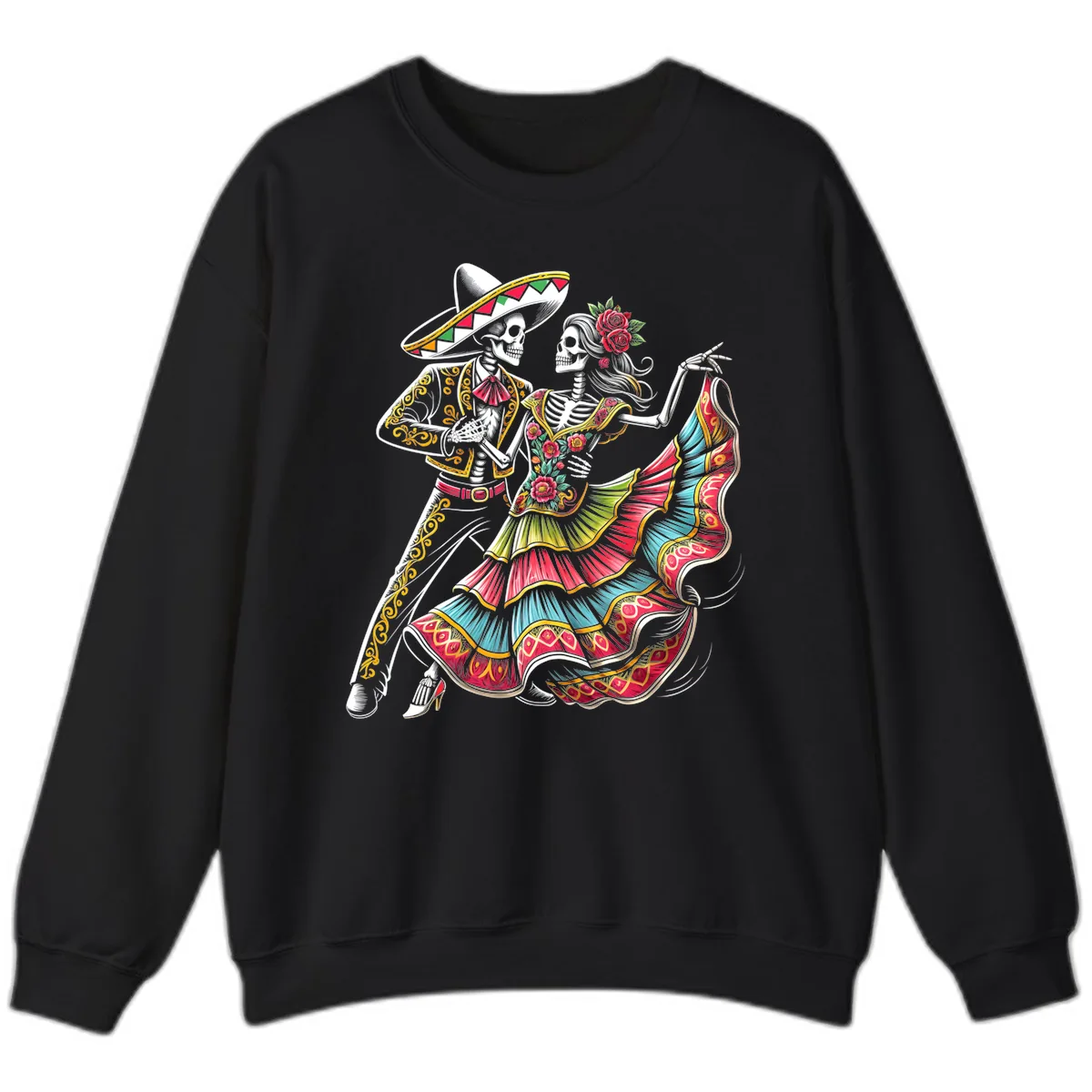 Calavera Couple Dancing Mariachi Fiesta Sweatshirt in Black