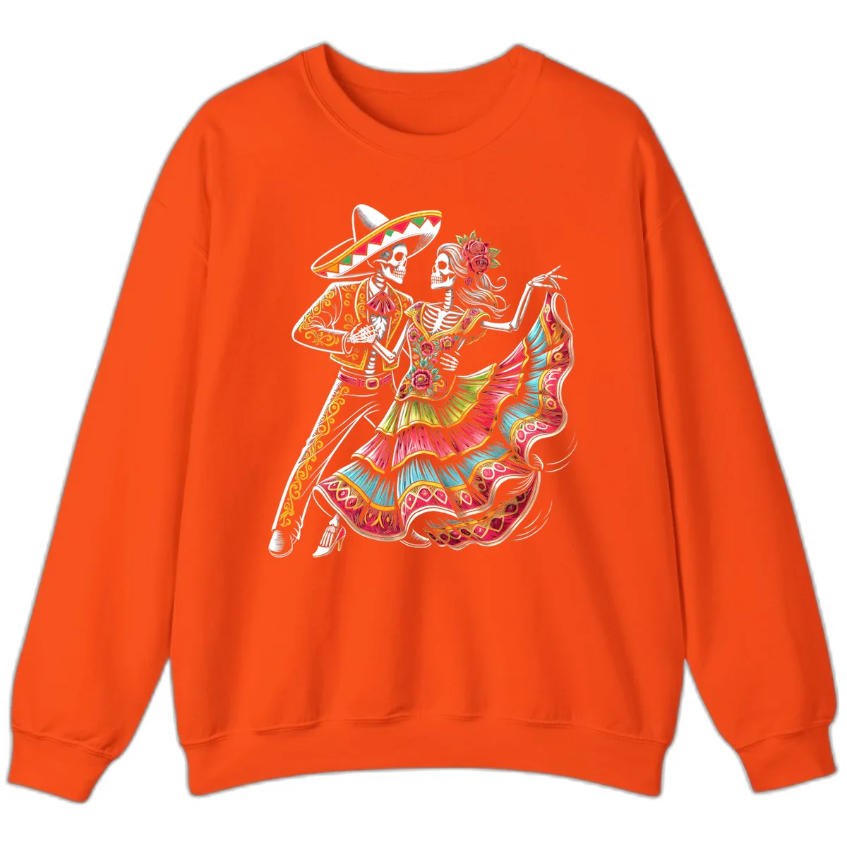 Calavera Couple Dancing Mariachi Fiesta Sweatshirt in Orange