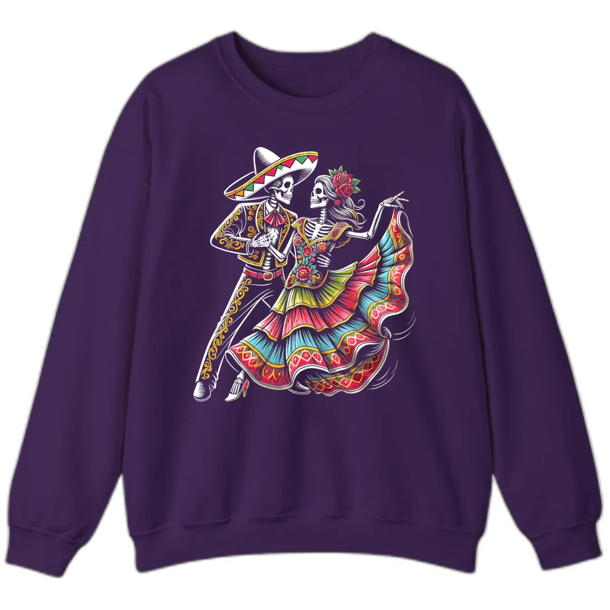 Calavera Couple Dancing Mariachi Fiesta Sweatshirt in Purple