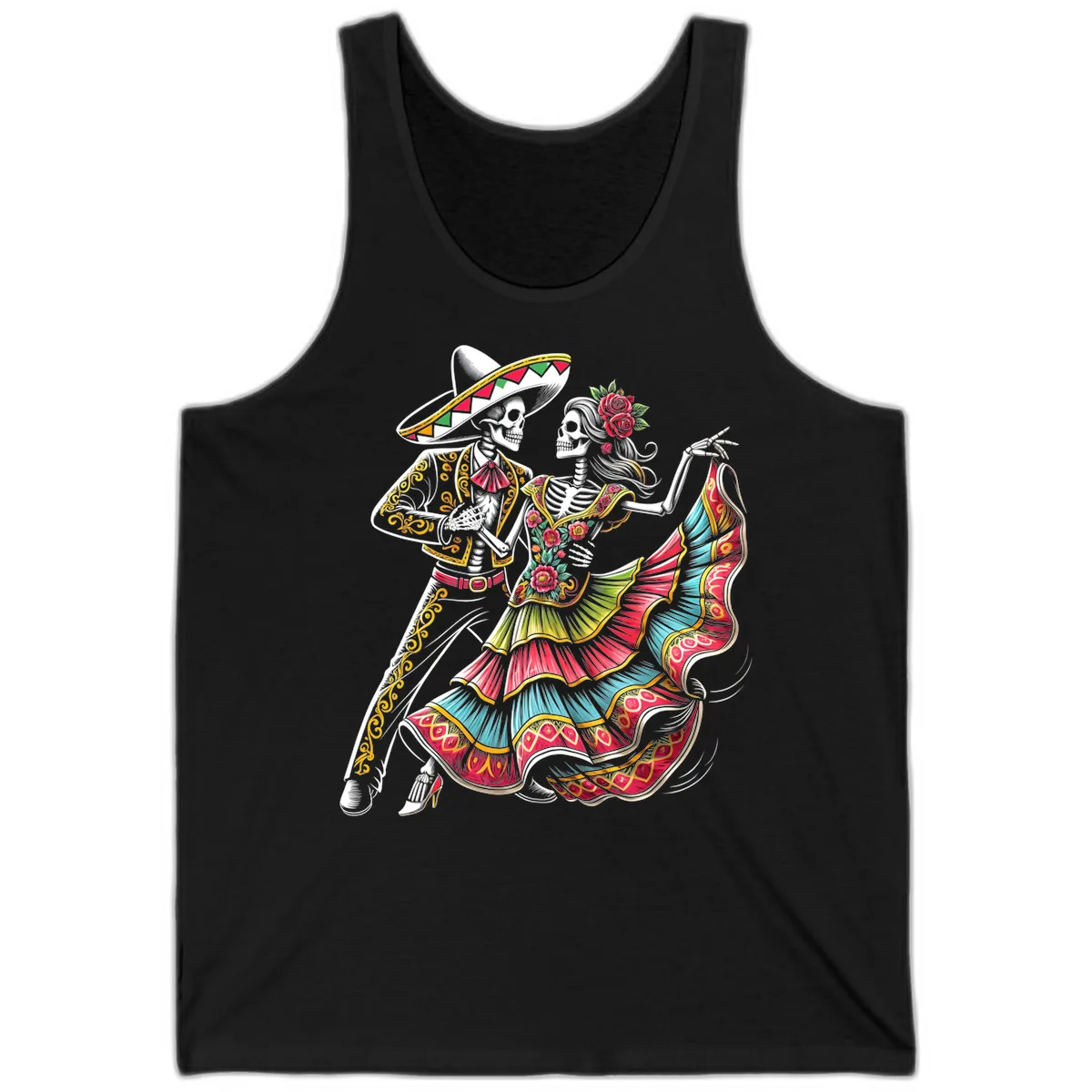 Calavera Couple Dancing Mariachi Fiesta Tank in Black