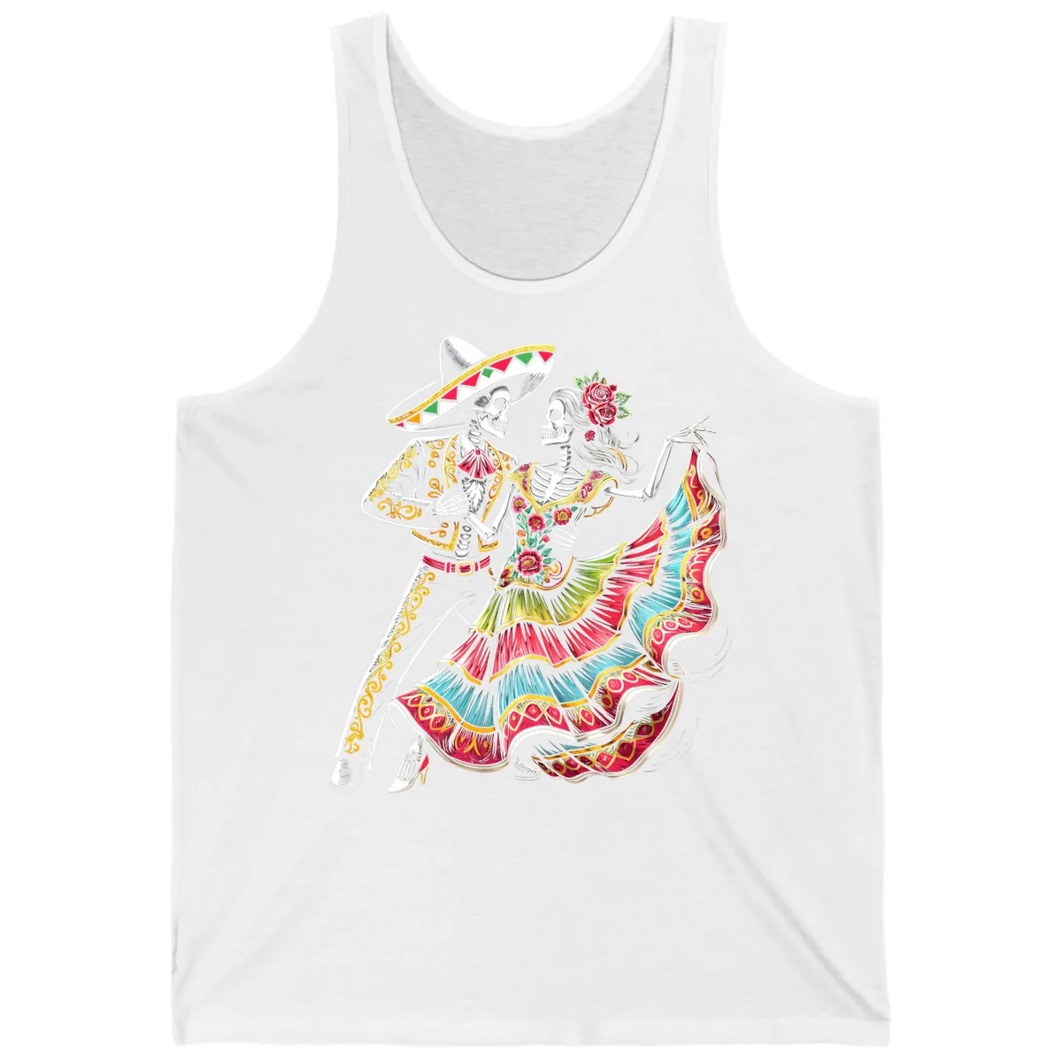 Calavera Couple Dancing Mariachi Fiesta Tank in White