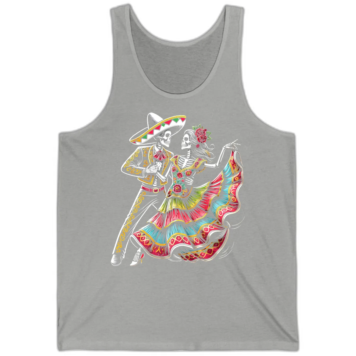 Calavera Couple Dancing Mariachi Fiesta Tank in Athletic Heather