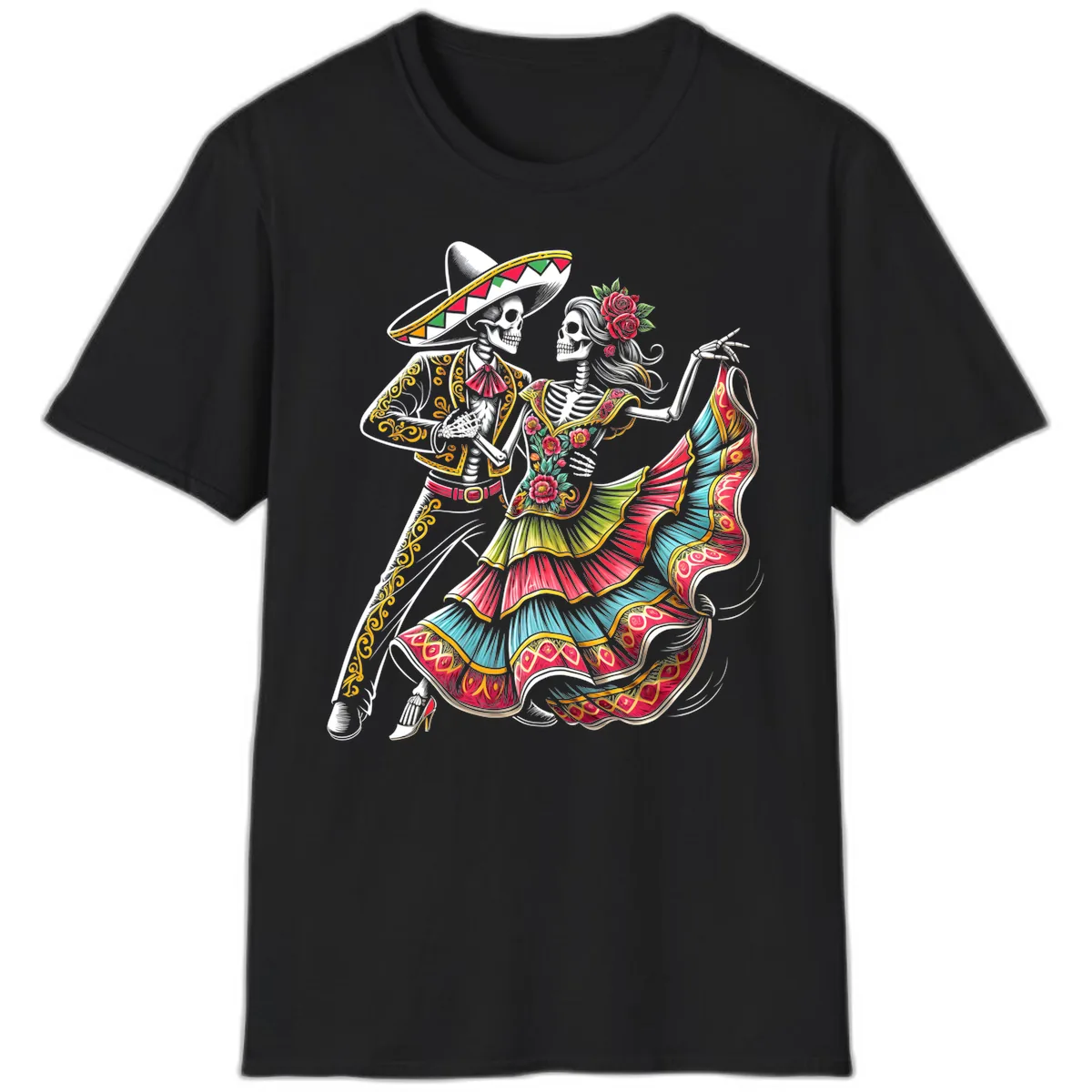 Calavera Couple Dancing Mariachi Fiesta T-Shirt in Black