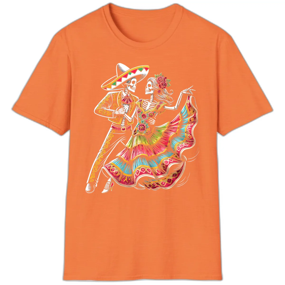 Calavera Couple Dancing Mariachi Fiesta T-Shirt in Heather Orange