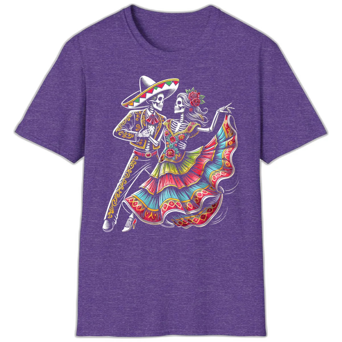 Calavera Couple Dancing Mariachi Fiesta T-Shirt in Heather Purple