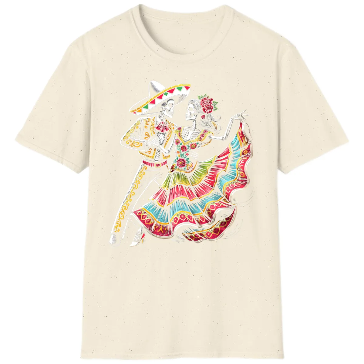 Calavera Couple Dancing Mariachi Fiesta T-Shirt in Natural