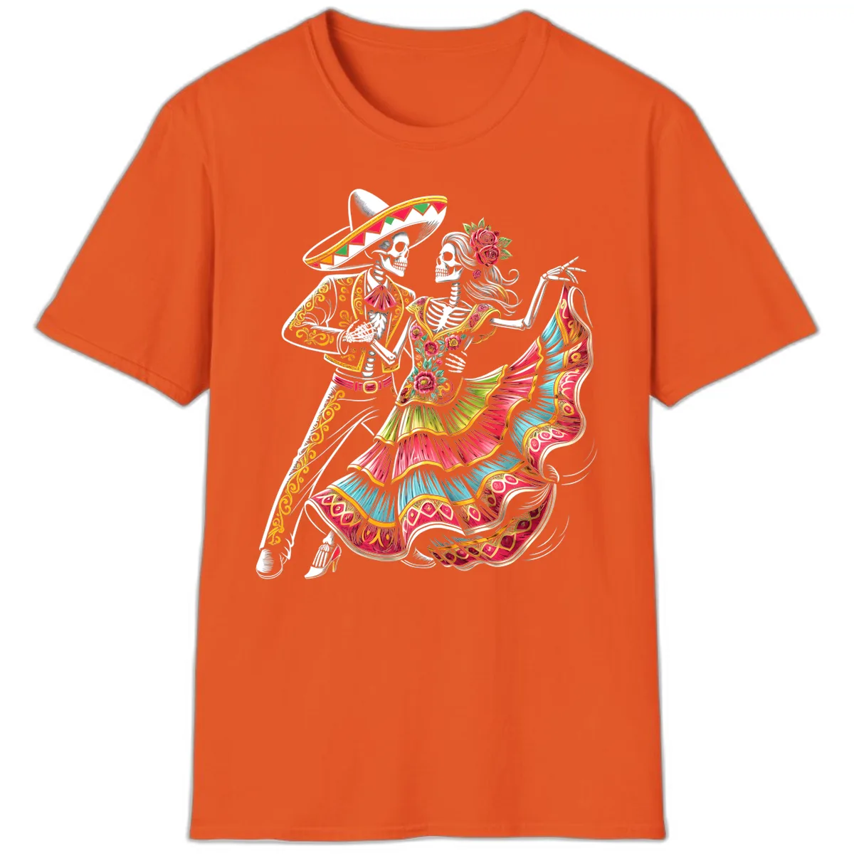 Calavera Couple Dancing Mariachi Fiesta T-Shirt in Orange