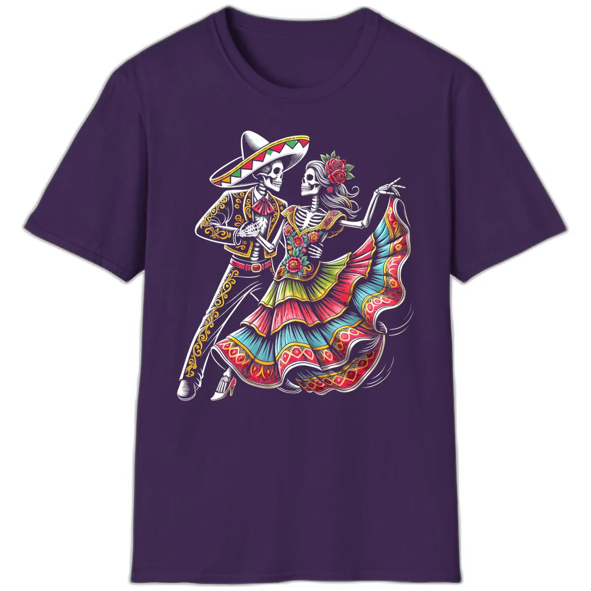 Calavera Couple Dancing Mariachi Fiesta T-Shirt in Purple