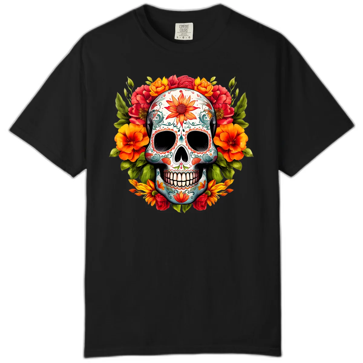 Floral Calavera Sugar Skull with Vibrant Bloom Wreath Comfort Color in Black