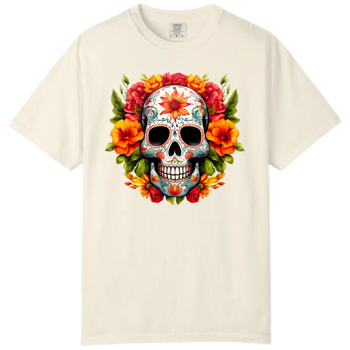 Floral Calavera Sugar Skull with Vibrant Bloom Wreath Comfort Color in Ivory