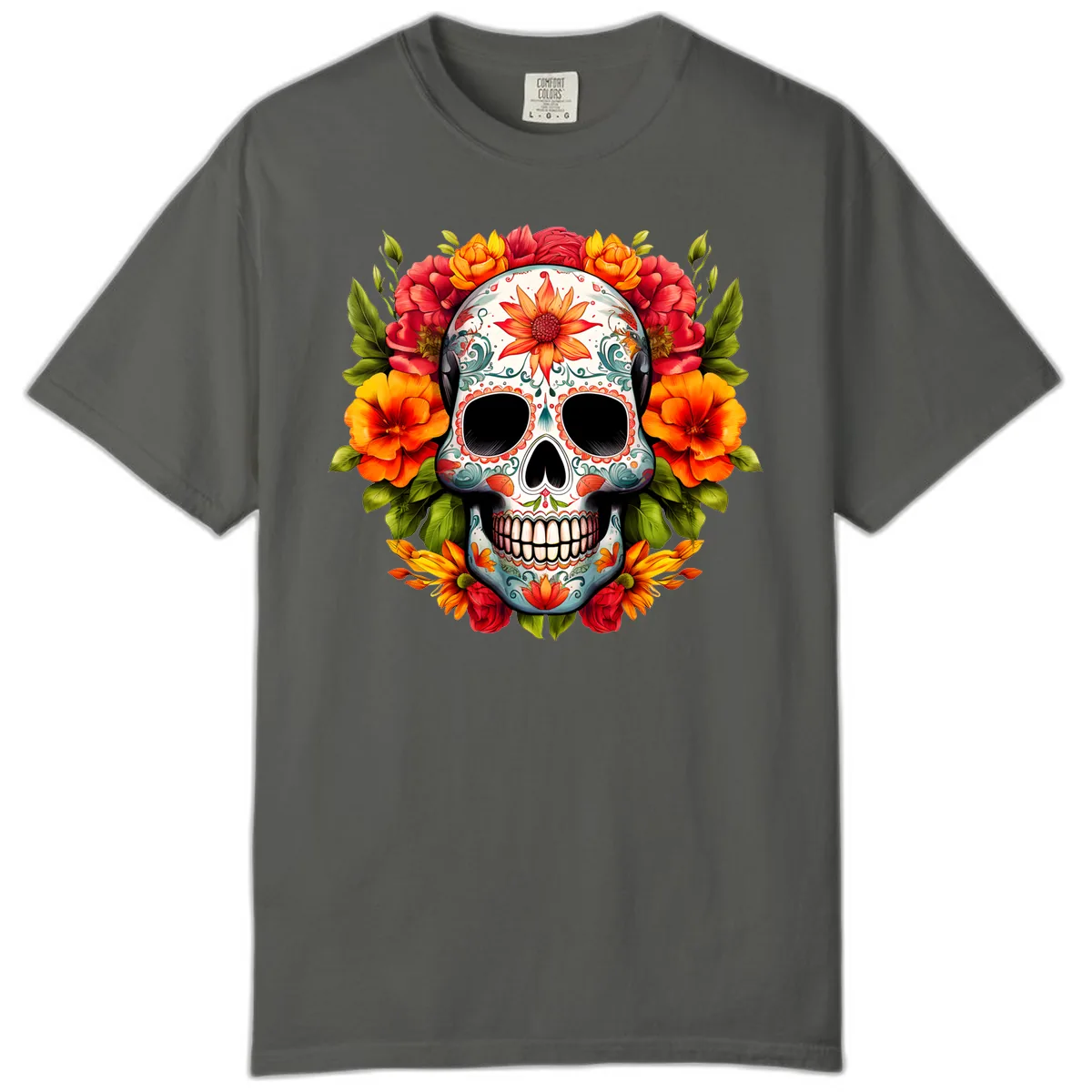 Floral Calavera Sugar Skull with Vibrant Bloom Wreath Comfort Color in Pepper