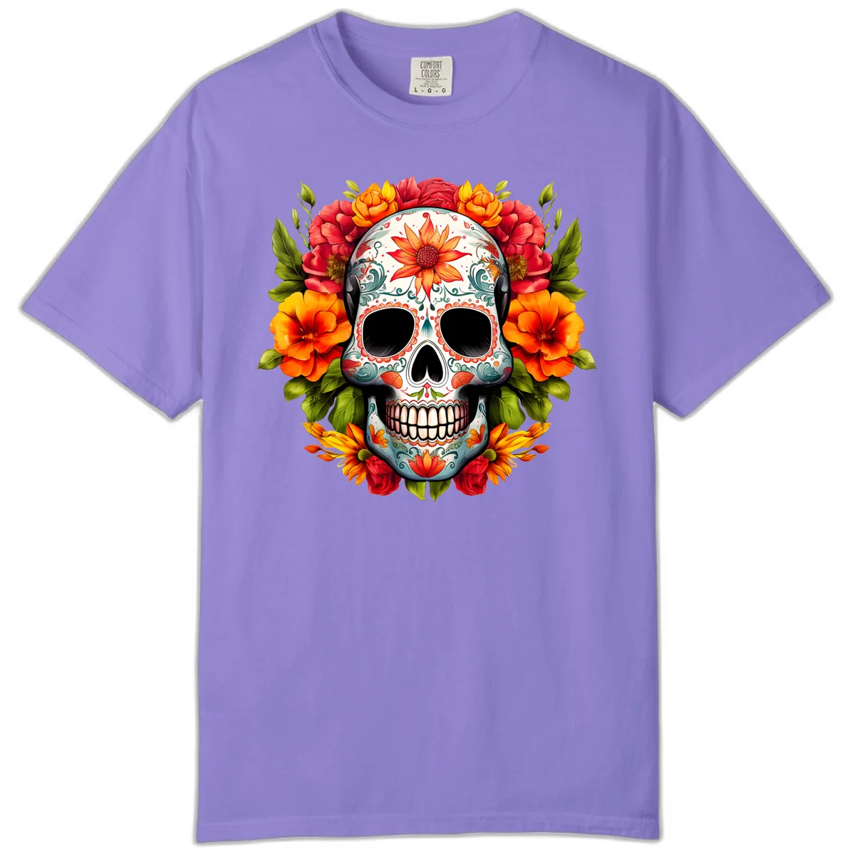 Floral Calavera Sugar Skull with Vibrant Bloom Wreath Comfort Color in Violet