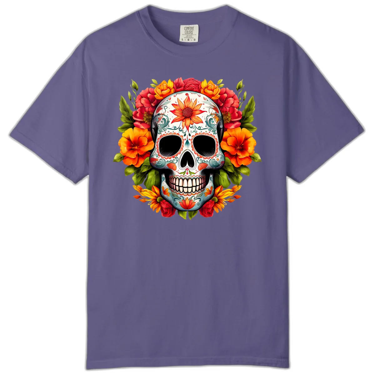 Floral Calavera Sugar Skull with Vibrant Bloom Wreath Comfort Color in Grape