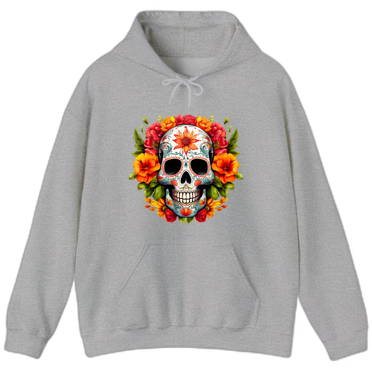 Floral Calavera Sugar Skull with Vibrant Bloom Wreath Hoodie in Sport Grey