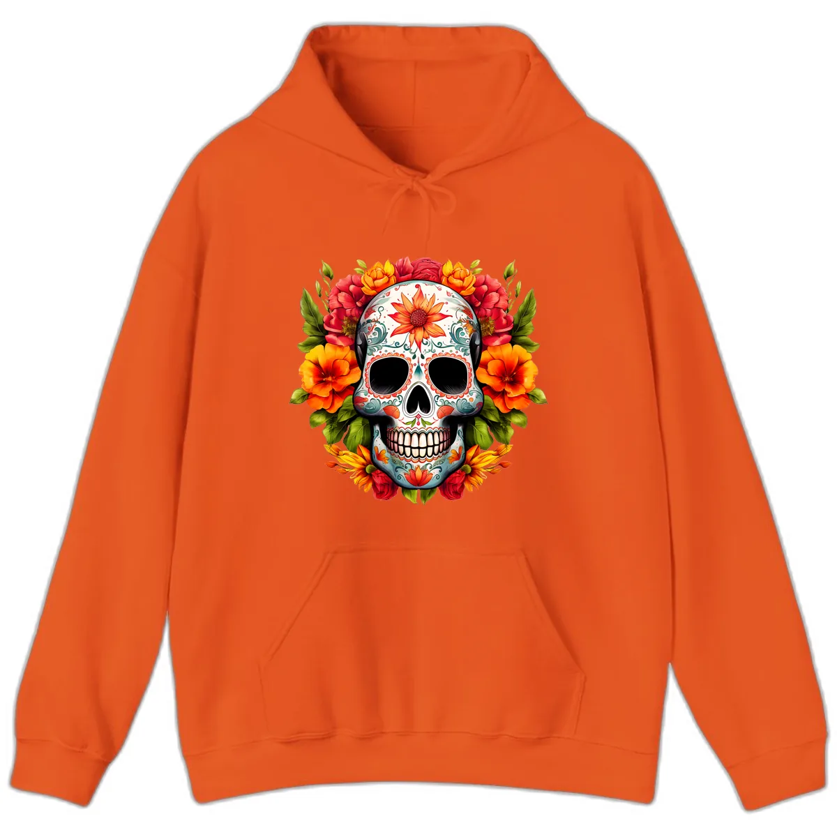 Floral Calavera Sugar Skull with Vibrant Bloom Wreath Hoodie in Orange