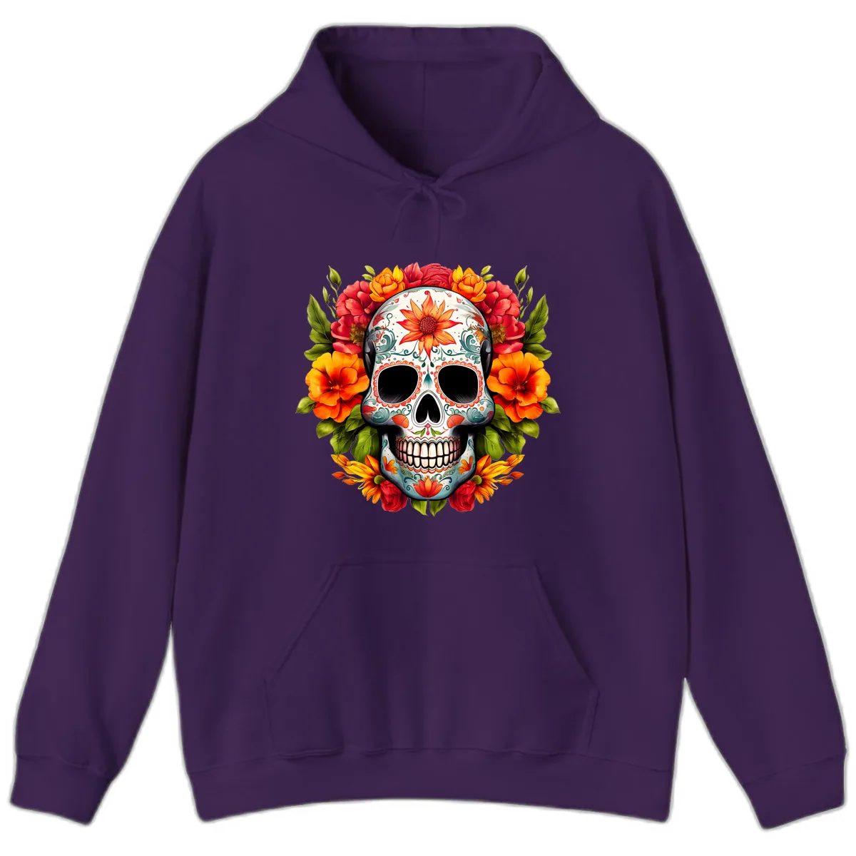 Floral Calavera Sugar Skull with Vibrant Bloom Wreath Hoodie in Purple