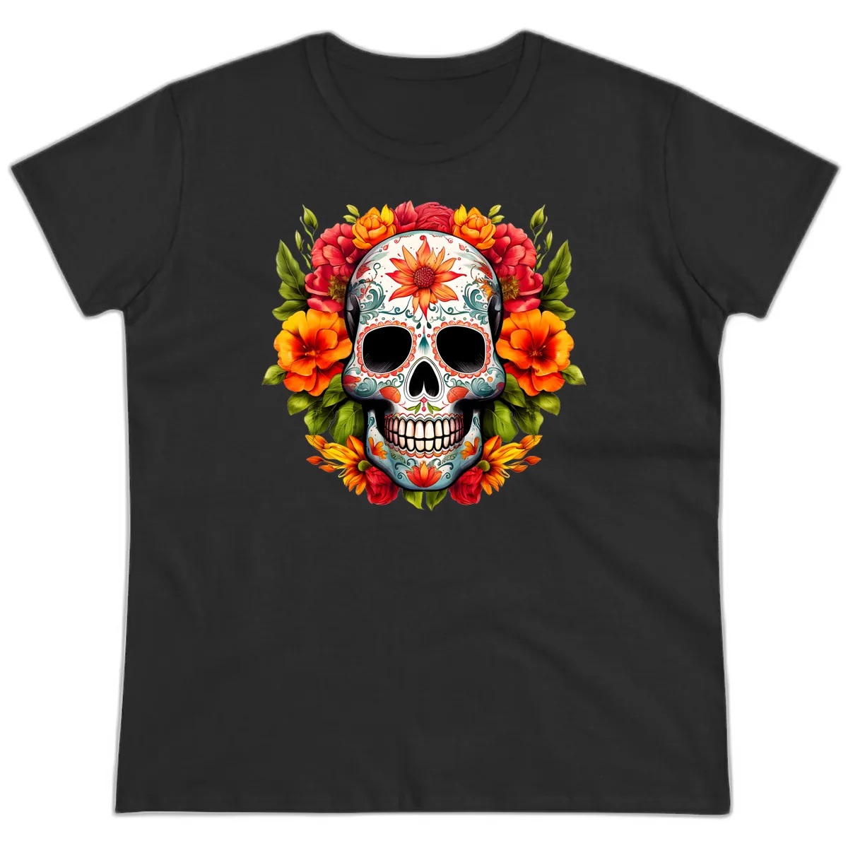 Floral Calavera Sugar Skull with Vibrant Bloom Wreath Ladies Tee in Black