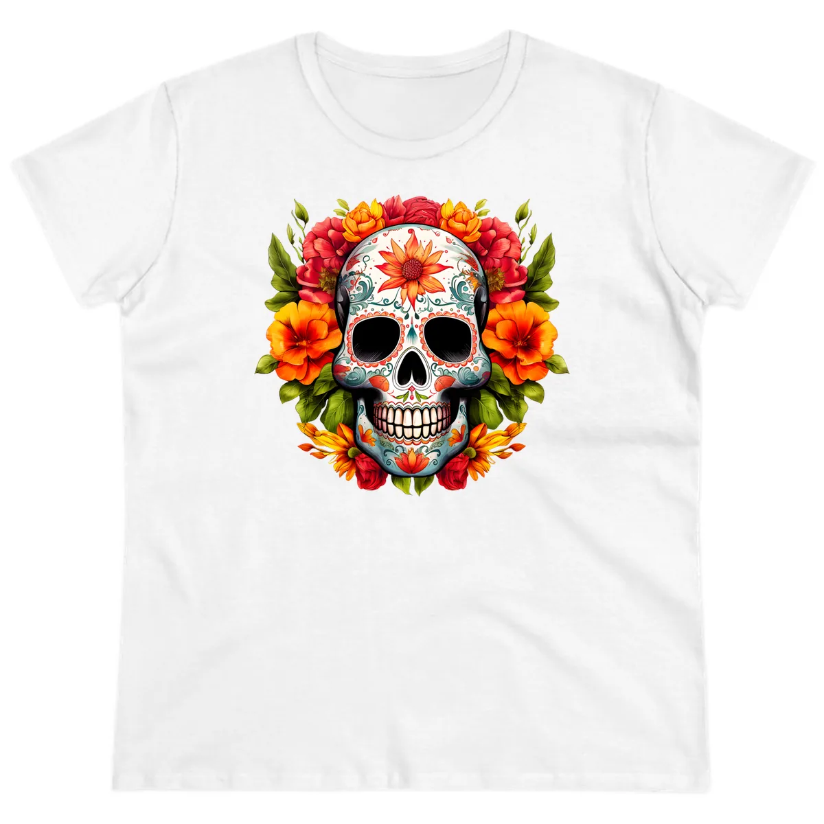 Floral Calavera Sugar Skull with Vibrant Bloom Wreath Ladies Tee in White