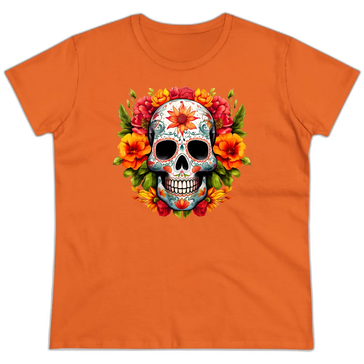 Floral Calavera Sugar Skull with Vibrant Bloom Wreath Ladies Tee in Orange