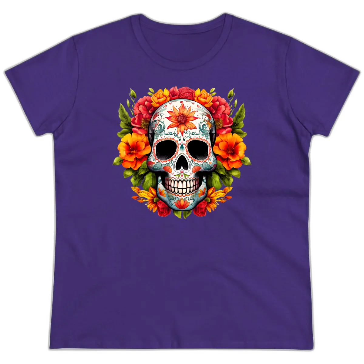 Floral Calavera Sugar Skull with Vibrant Bloom Wreath Ladies Tee in Purple