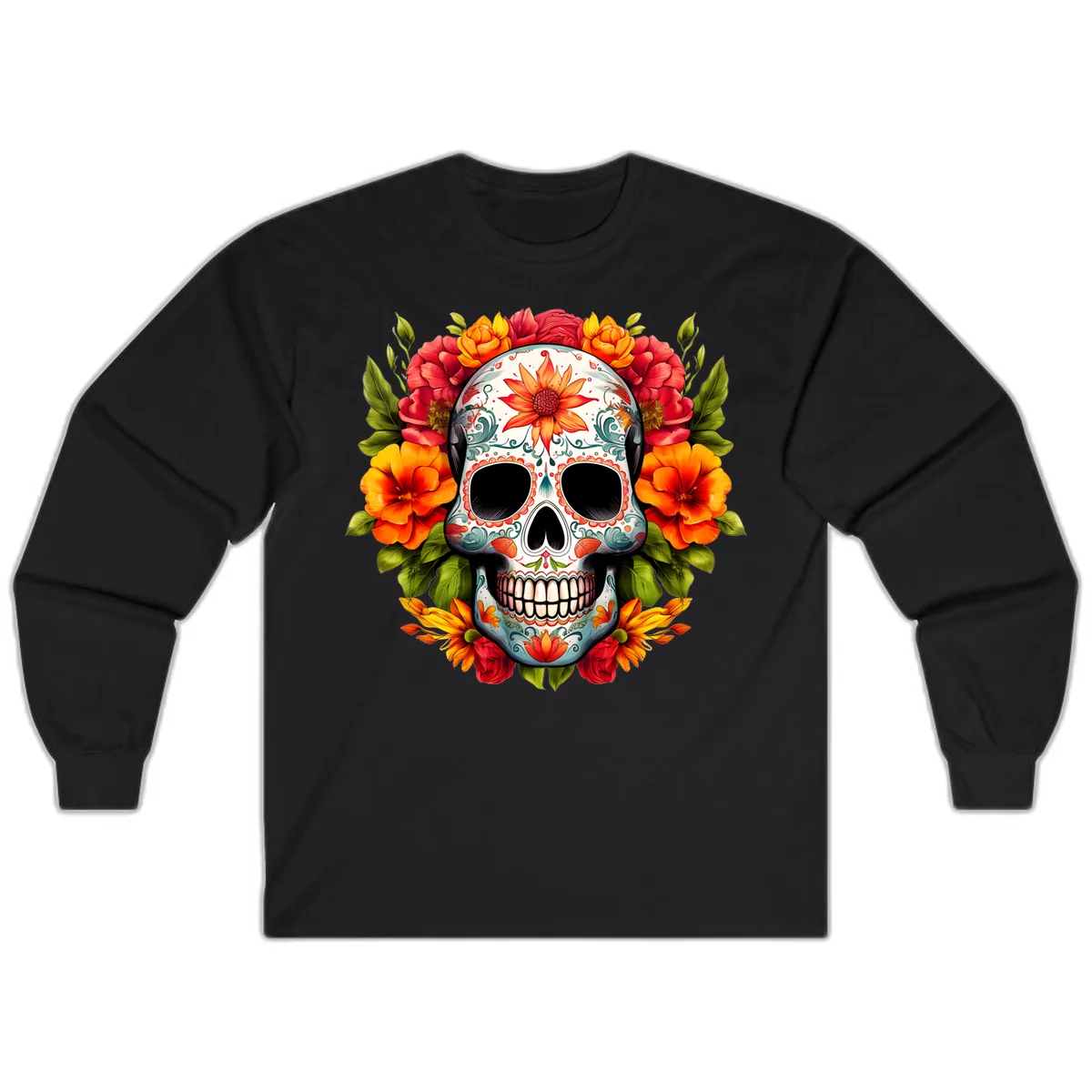 Floral Calavera Sugar Skull with Vibrant Bloom Wreath Long Sleeve in Black