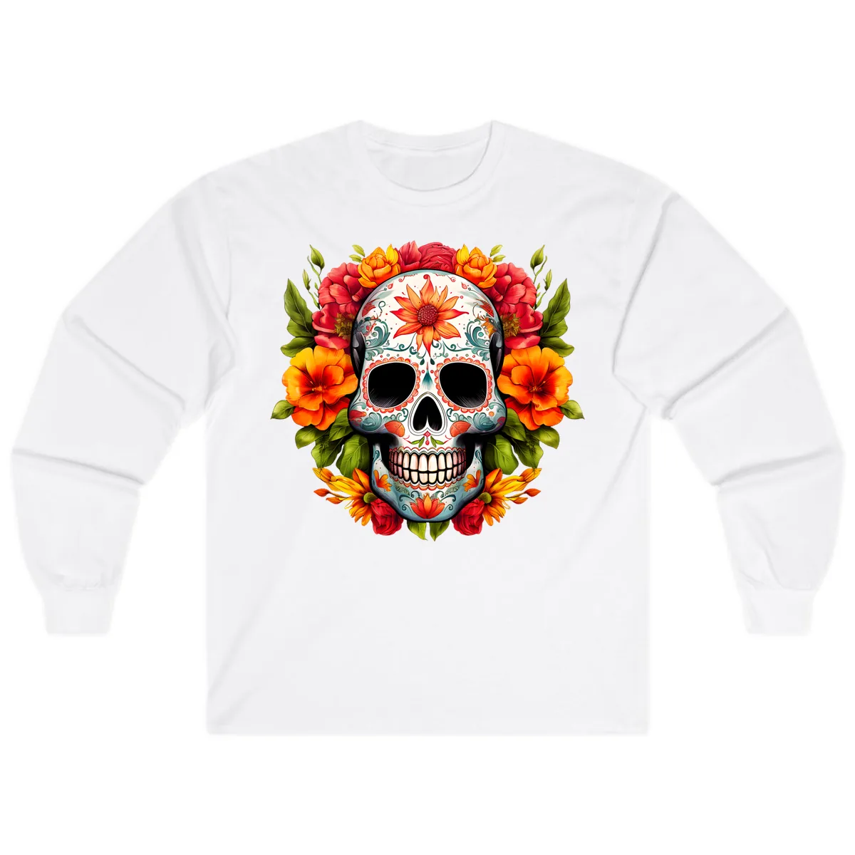 Floral Calavera Sugar Skull with Vibrant Bloom Wreath Long Sleeve in White