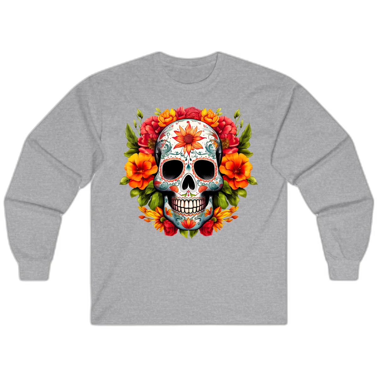 Floral Calavera Sugar Skull with Vibrant Bloom Wreath Long Sleeve in Sport Grey