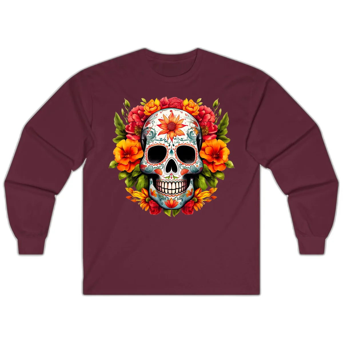 Floral Calavera Sugar Skull with Vibrant Bloom Wreath Long Sleeve in Maroon