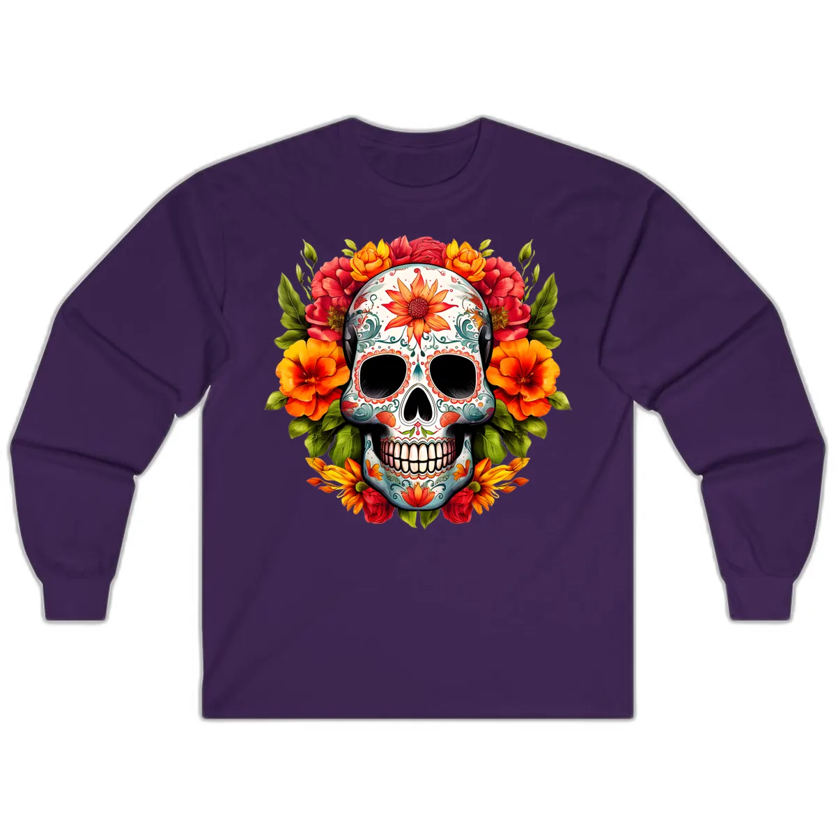 Floral Calavera Sugar Skull with Vibrant Bloom Wreath Long Sleeve in Purple