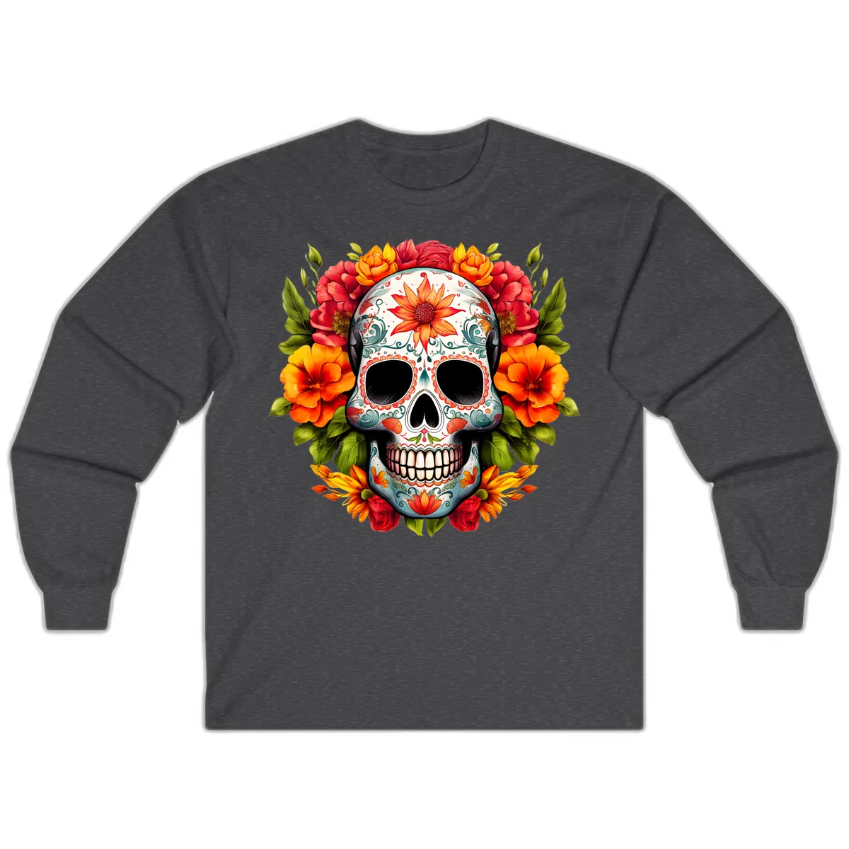 Floral Calavera Sugar Skull with Vibrant Bloom Wreath Long Sleeve in Dark Heather