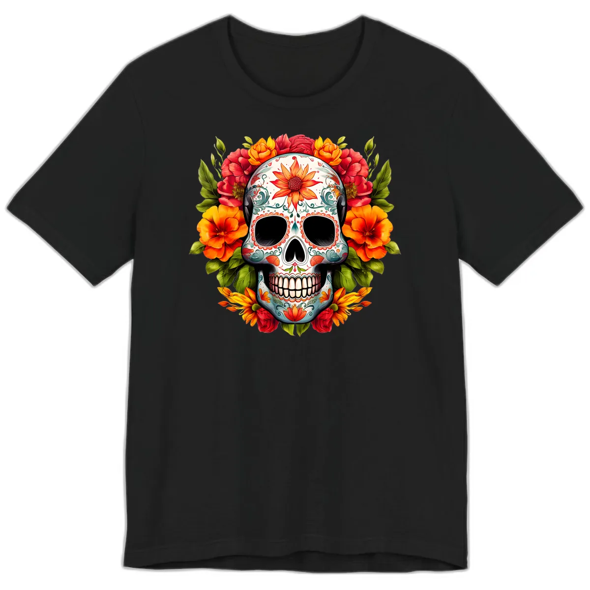 Floral Calavera Sugar Skull with Vibrant Bloom Wreath Premium T-Shirt in Black