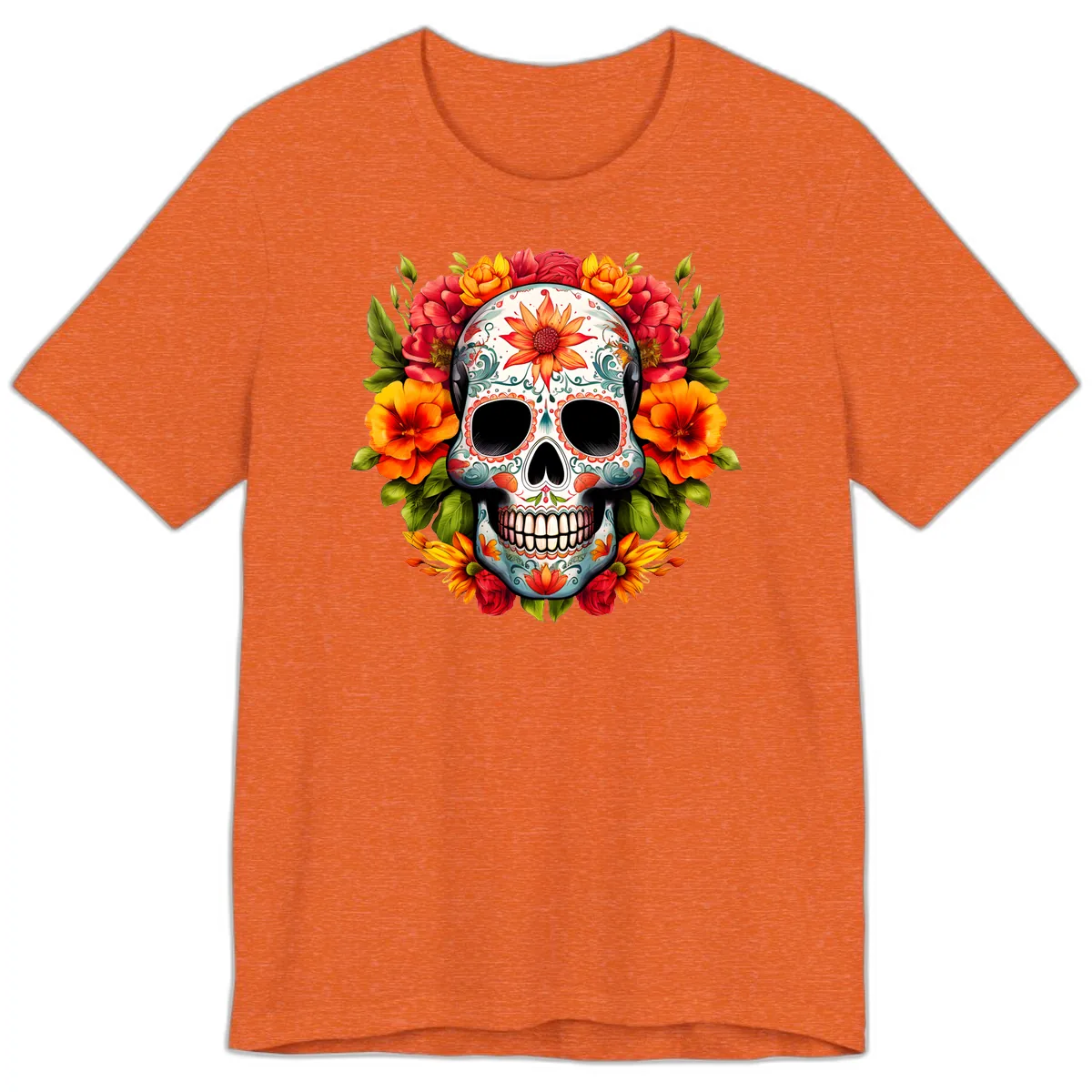 Floral Calavera Sugar Skull with Vibrant Bloom Wreath Premium T-Shirt in Heather Orange