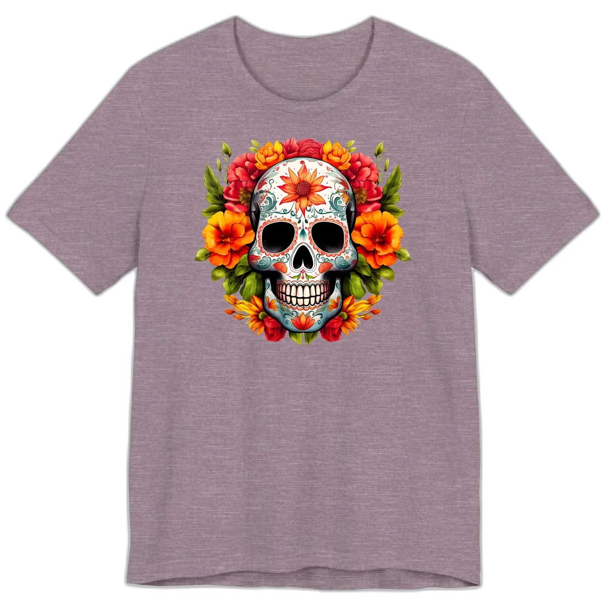 Floral Calavera Sugar Skull with Vibrant Bloom Wreath Premium T-Shirt in Heather Purple