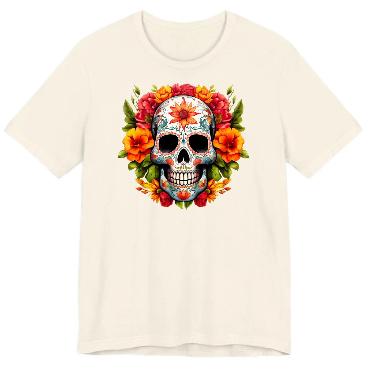 Floral Calavera Sugar Skull with Vibrant Bloom Wreath Premium T-Shirt in Natural