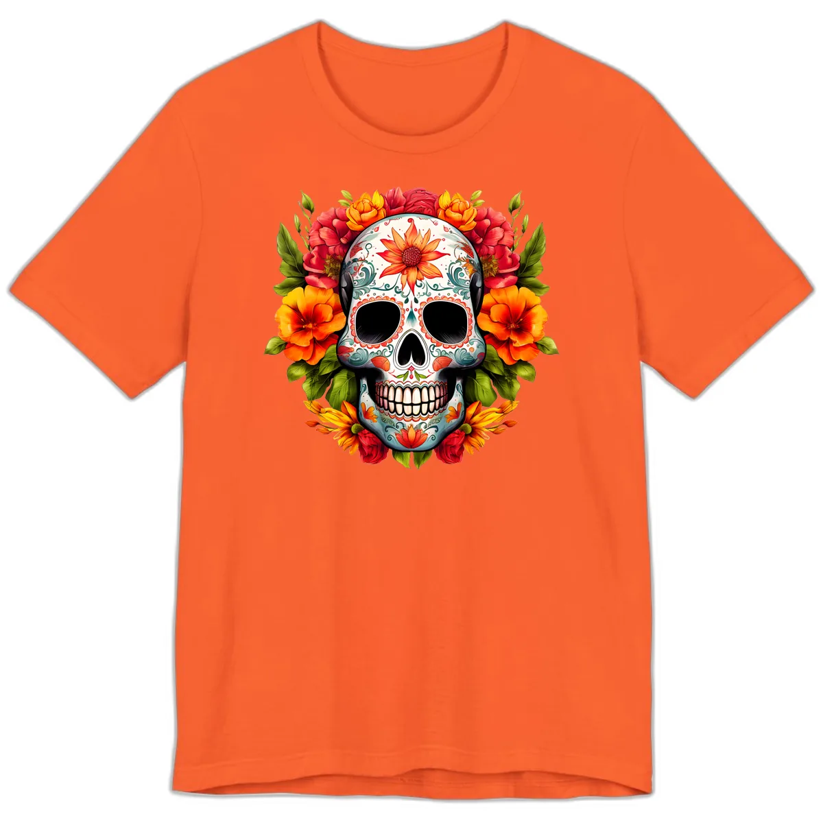 Floral Calavera Sugar Skull with Vibrant Bloom Wreath Premium T-Shirt in Orange
