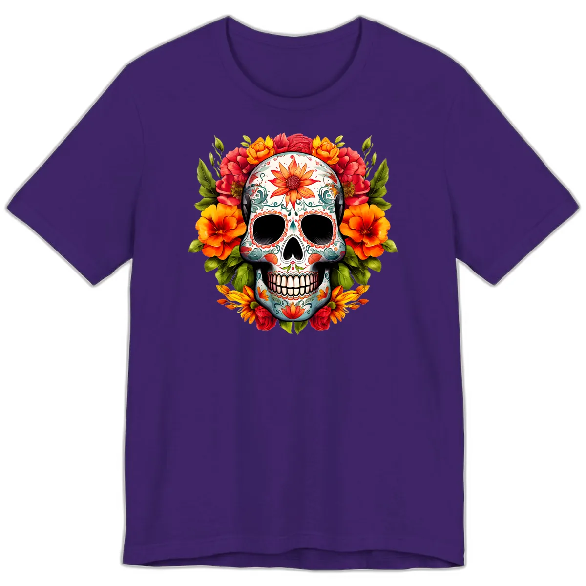 Floral Calavera Sugar Skull with Vibrant Bloom Wreath Premium T-Shirt in Team Purple