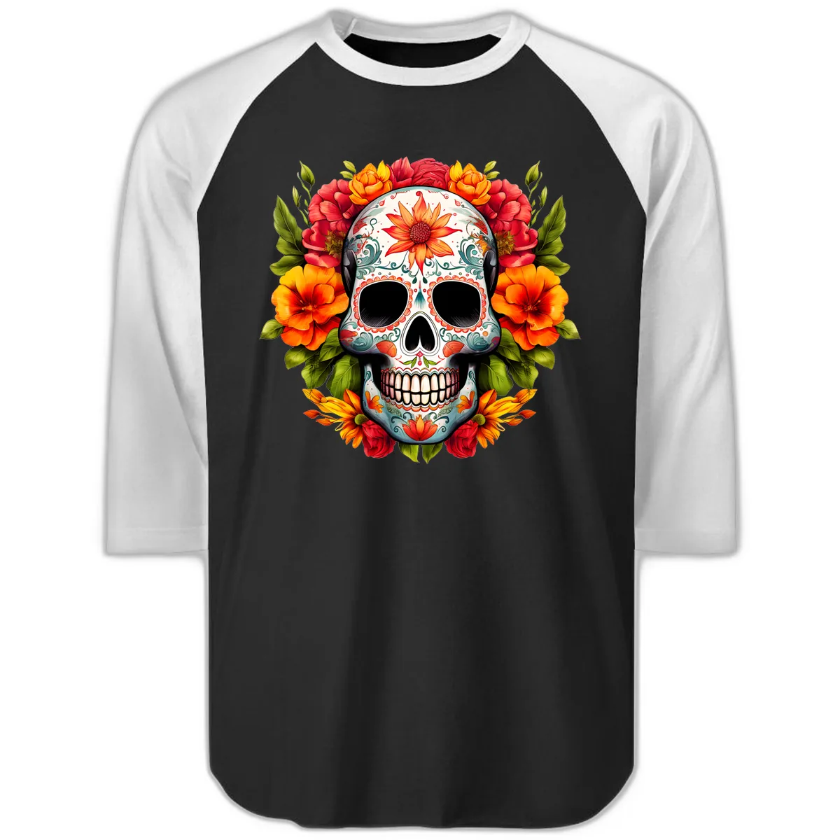 Floral Calavera Sugar Skull with Vibrant Bloom Wreath Raglan 3/4 in Black White