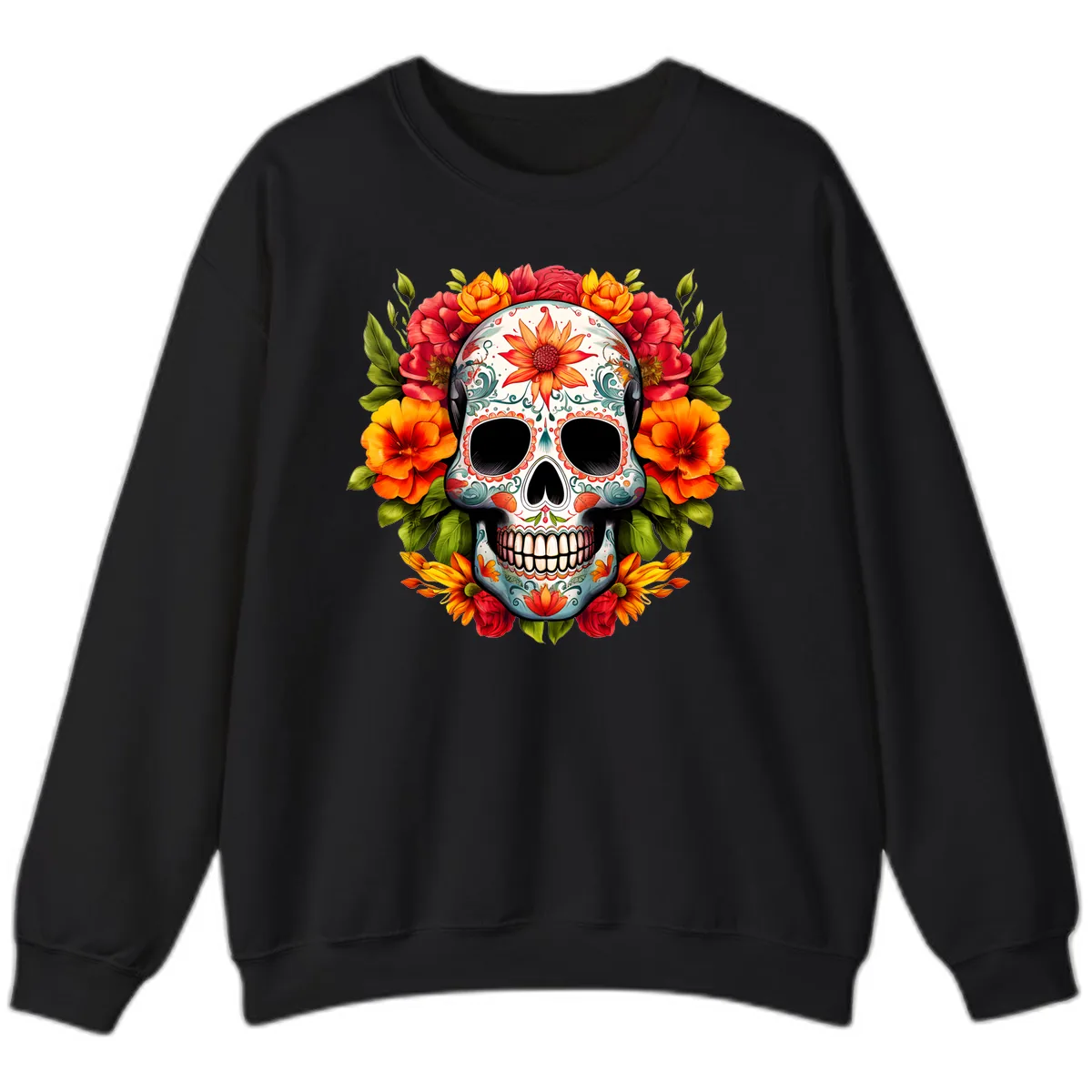 Floral Calavera Sugar Skull with Vibrant Bloom Wreath Sweatshirt in Black