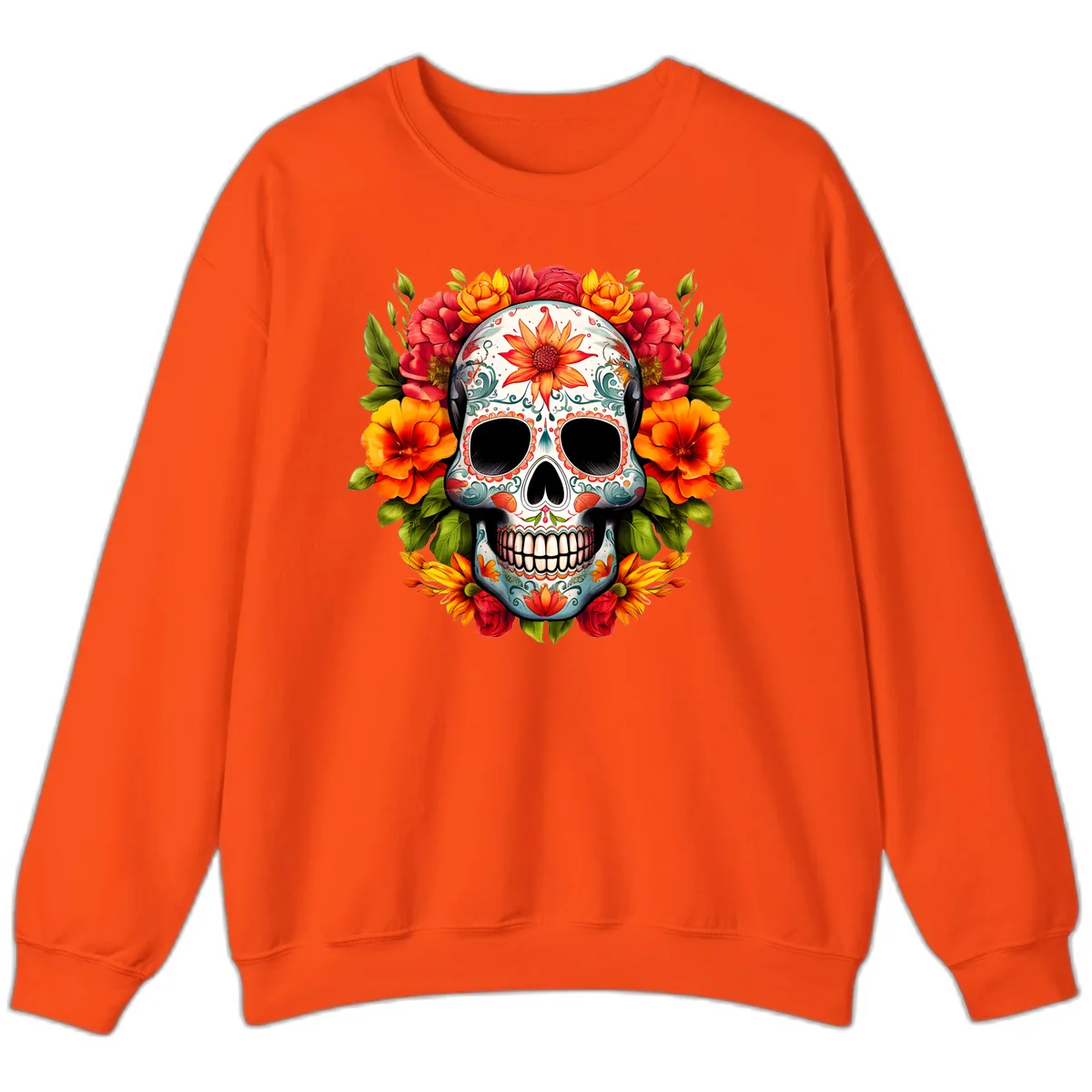 Floral Calavera Sugar Skull with Vibrant Bloom Wreath Sweatshirt in Orange