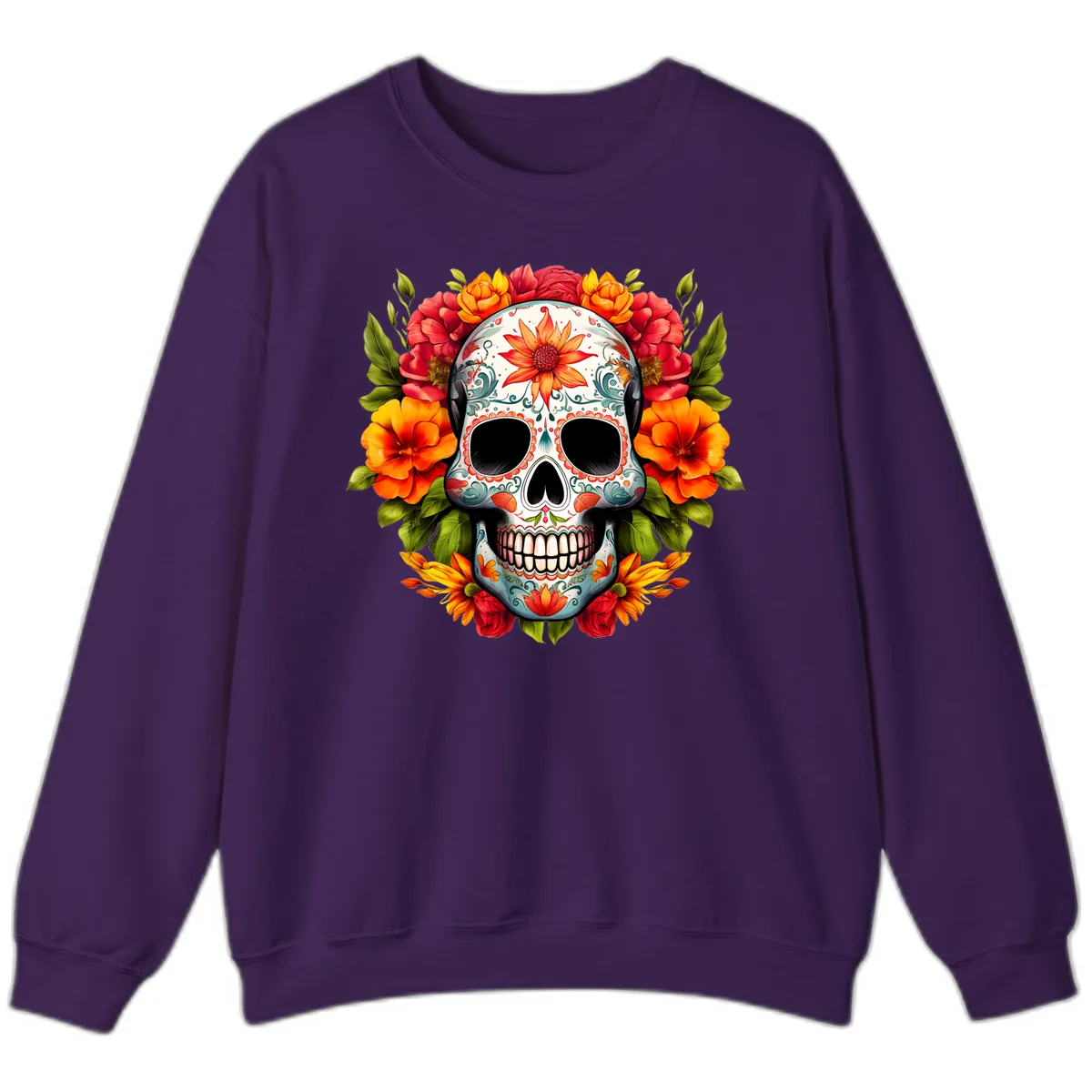 Floral Calavera Sugar Skull with Vibrant Bloom Wreath Sweatshirt in Purple