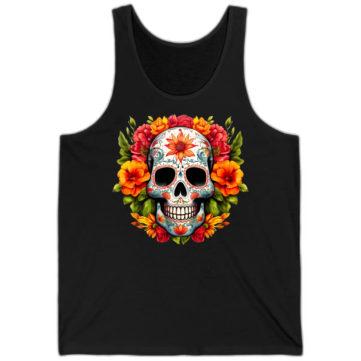 Floral Calavera Sugar Skull with Vibrant Bloom Wreath Tank in Black