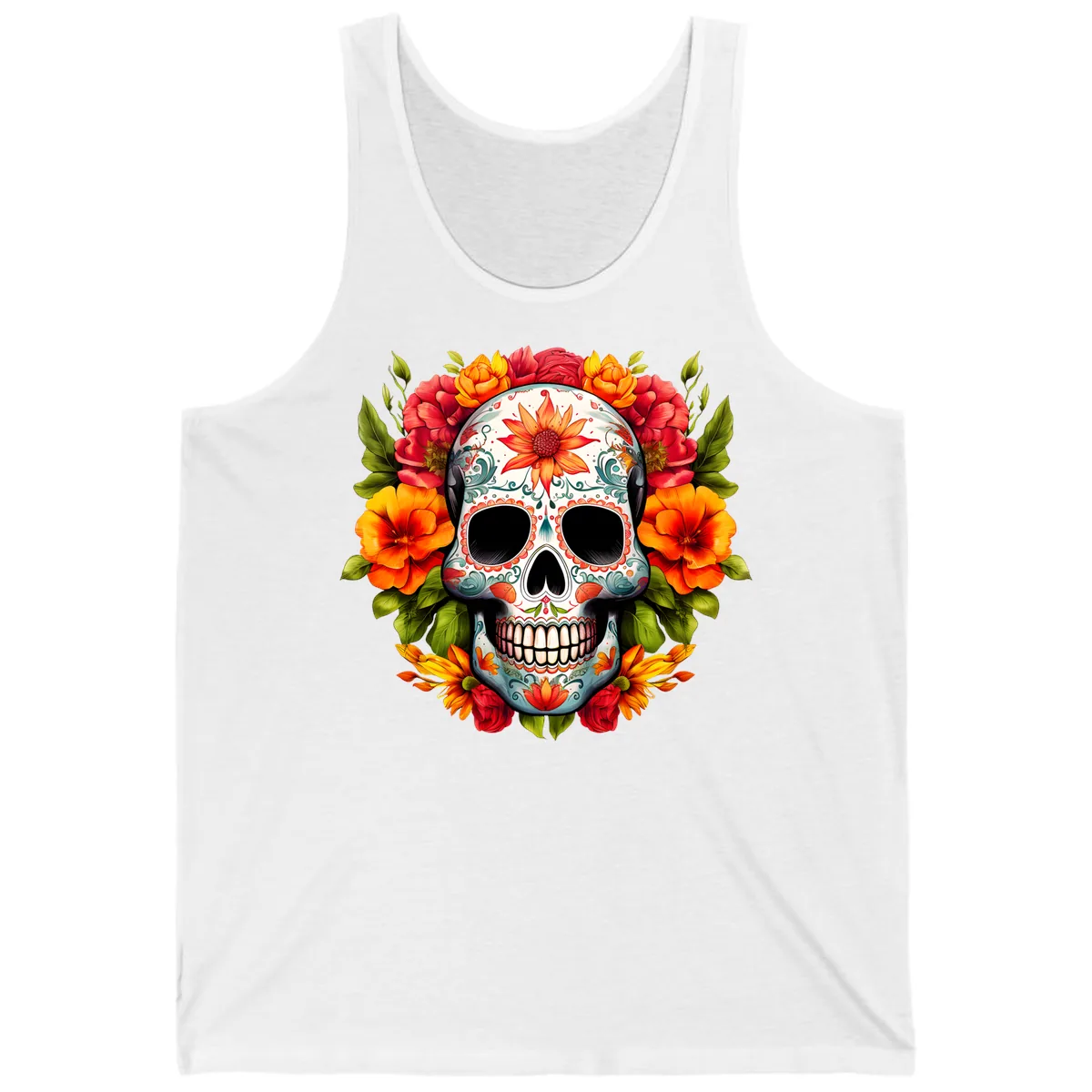 Floral Calavera Sugar Skull with Vibrant Bloom Wreath Tank in White