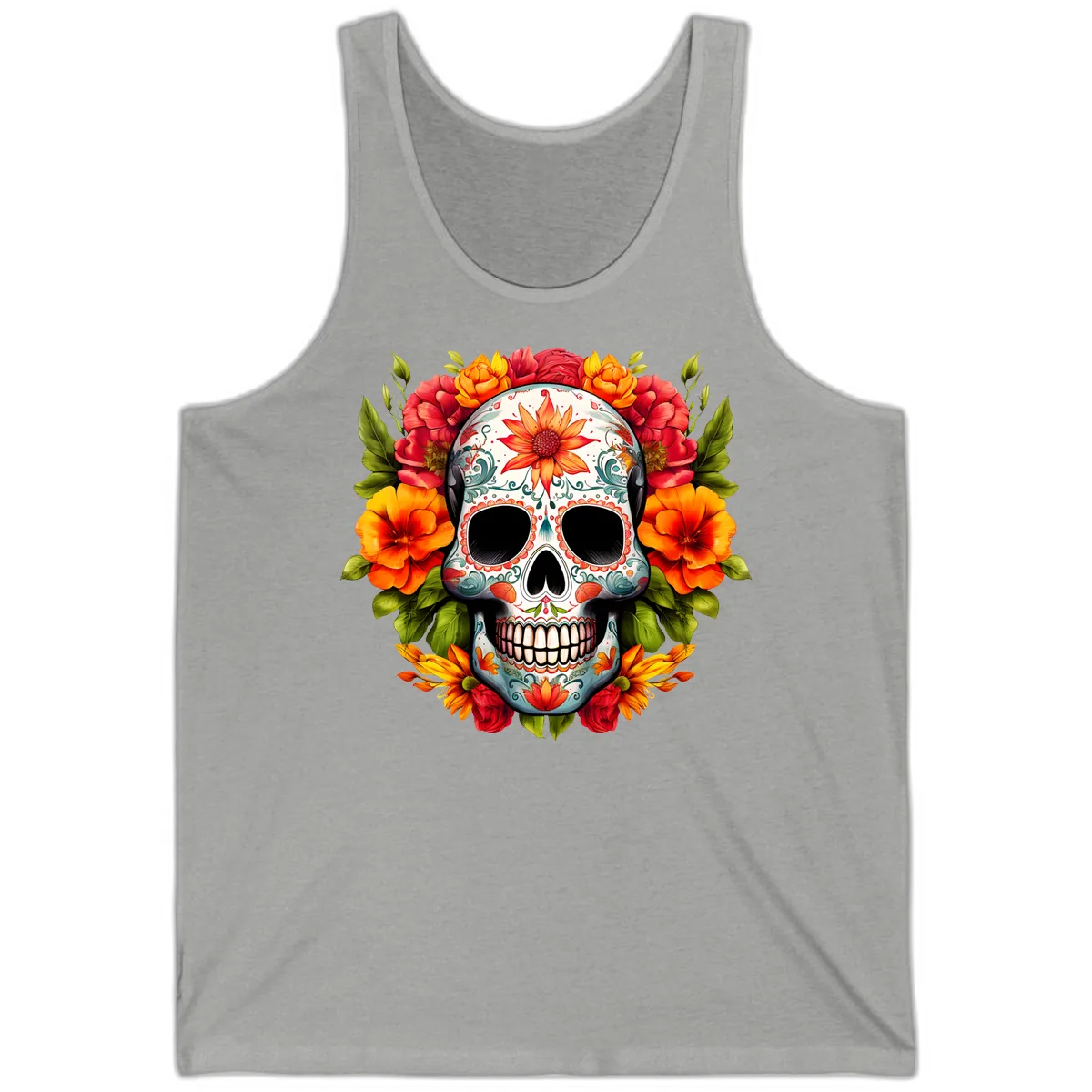 Floral Calavera Sugar Skull with Vibrant Bloom Wreath Tank in Athletic Heather