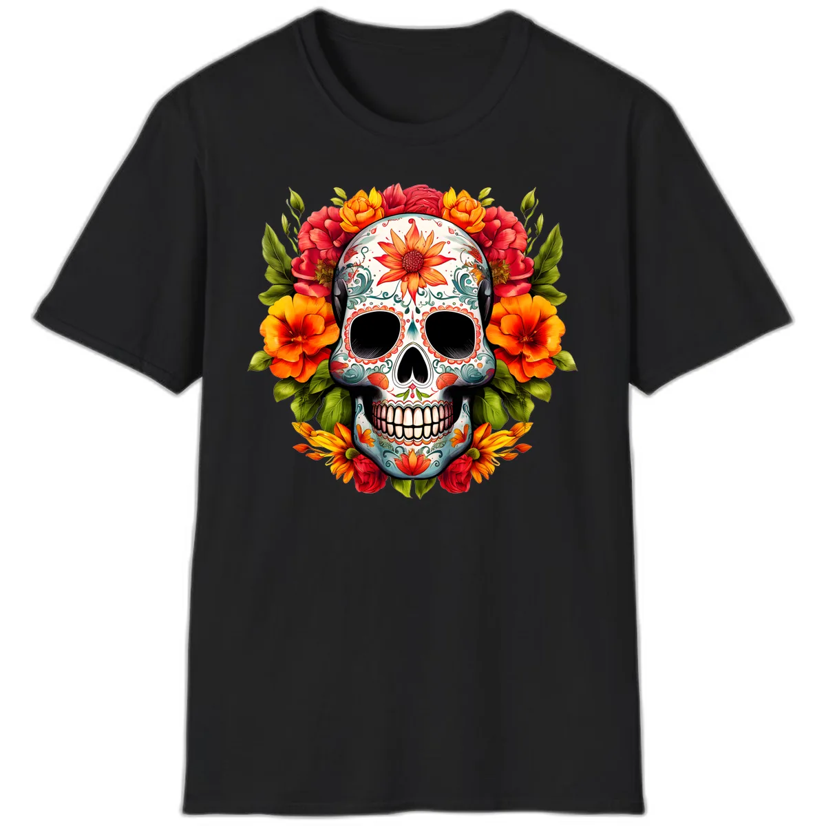 Floral Calavera Sugar Skull with Vibrant Bloom Wreath T-Shirt in Black